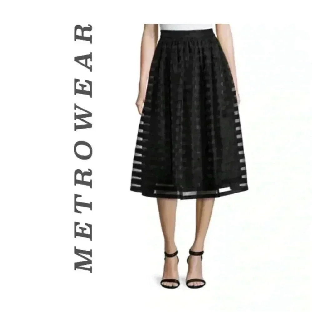 Metrowear Black Mesh Overlay Midi Skirt Medium Sheer Striped Tulle A-Line